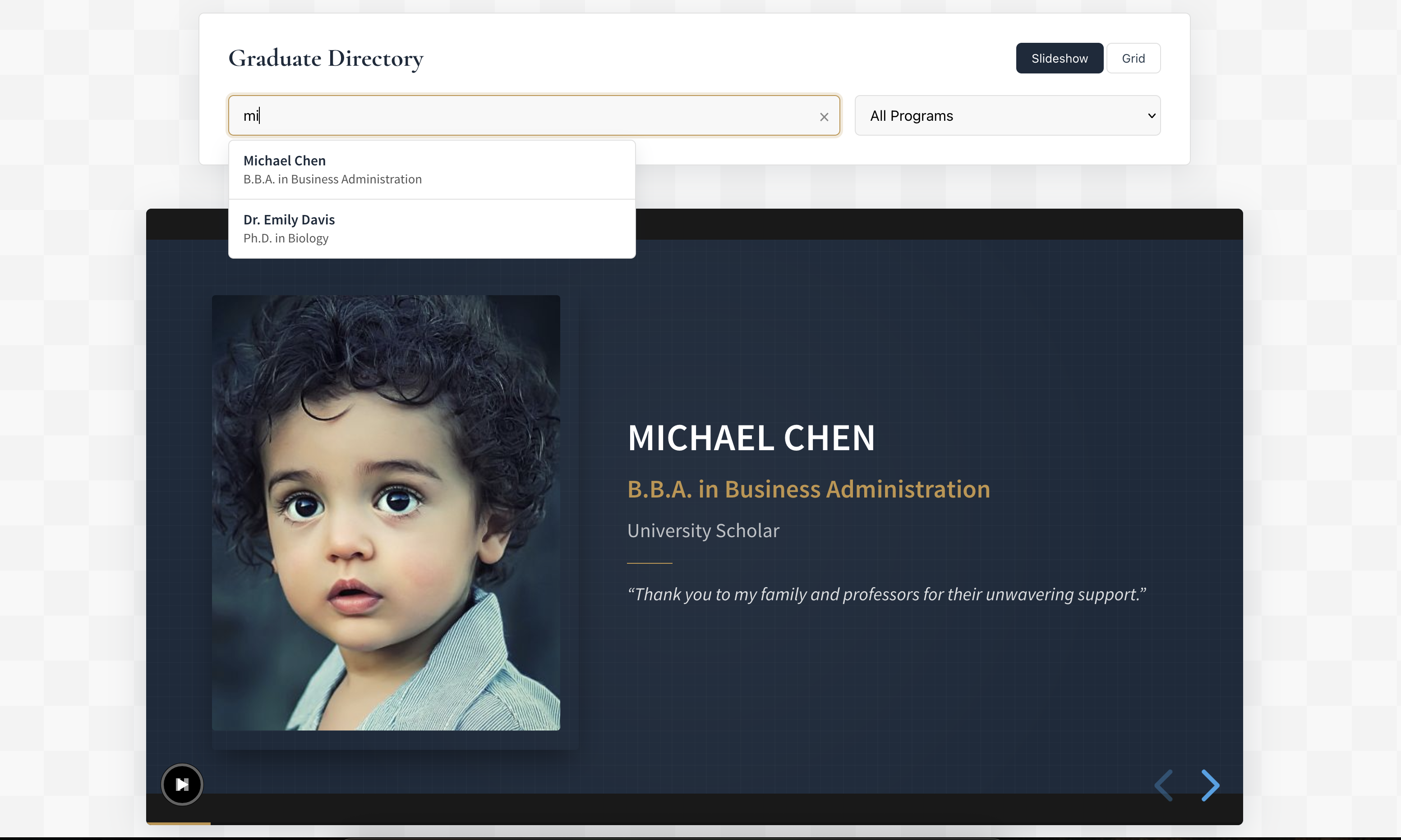 An interactive graduation slideshow embedded on a university website.